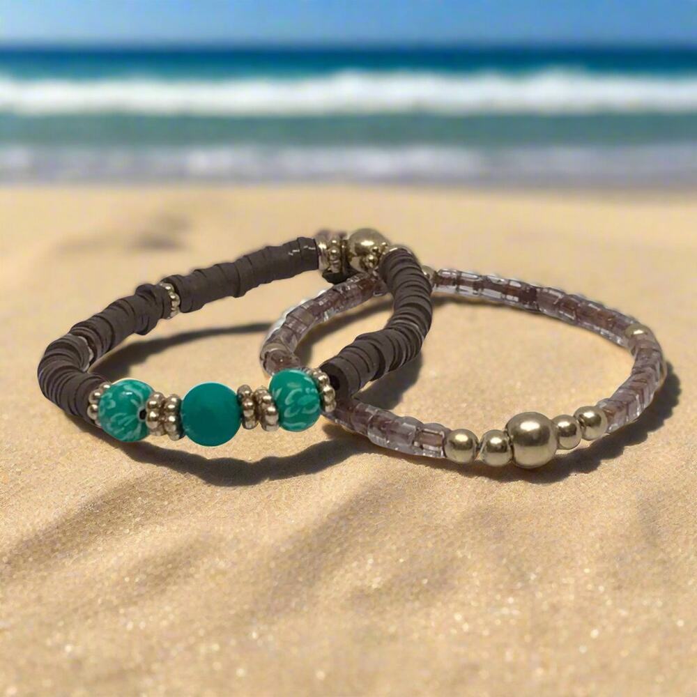 Brown Tan Glass Clay Beads Bracelet Set Boho Chic Handmade Beachy Flair